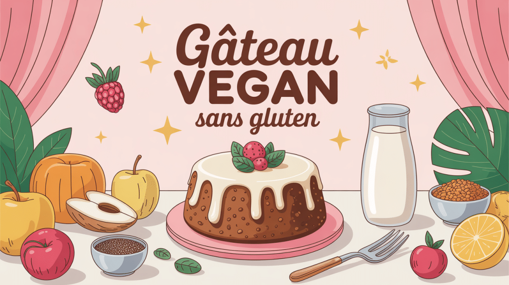 gateau vegan sans gluten sur table conviviale avec ingrédients végétaux