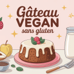 gateau vegan sans gluten sur table conviviale avec ingrédients végétaux