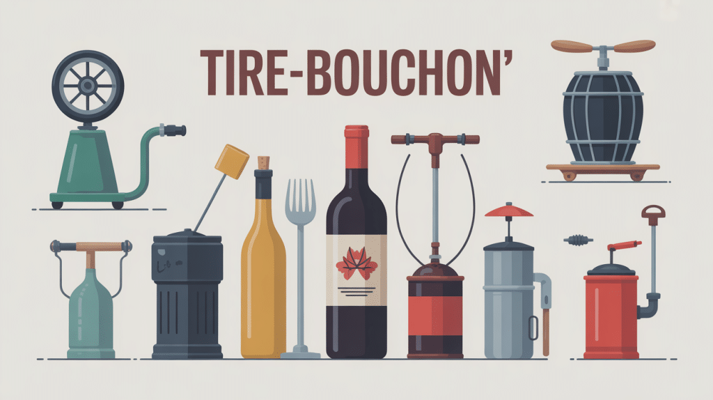 Nom tire bouchon plusieurs modèles autour d'une bouteille de vin