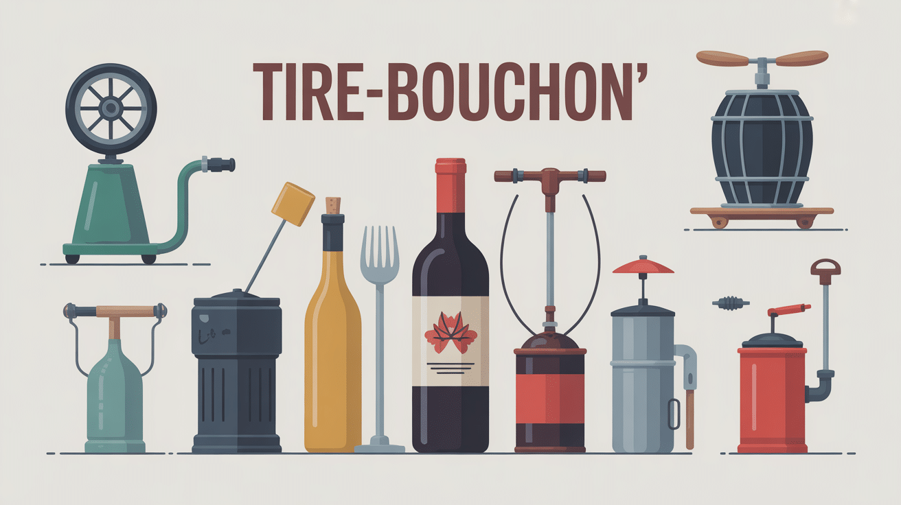 Nom tire bouchon plusieurs modèles autour d'une bouteille de vin