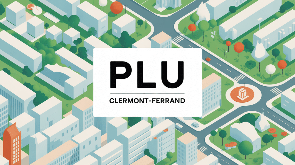 Illustration stylisée du plan local d'urbanisme Clermont-Ferrand, carte de zonage et bâtiments urbains