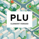 Illustration stylisée du plan local d'urbanisme Clermont-Ferrand, carte de zonage et bâtiments urbains