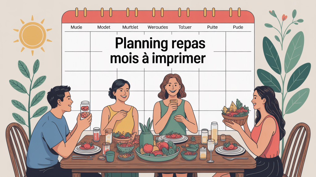 planning repas mois à imprimer illustré avec famille et calendrier