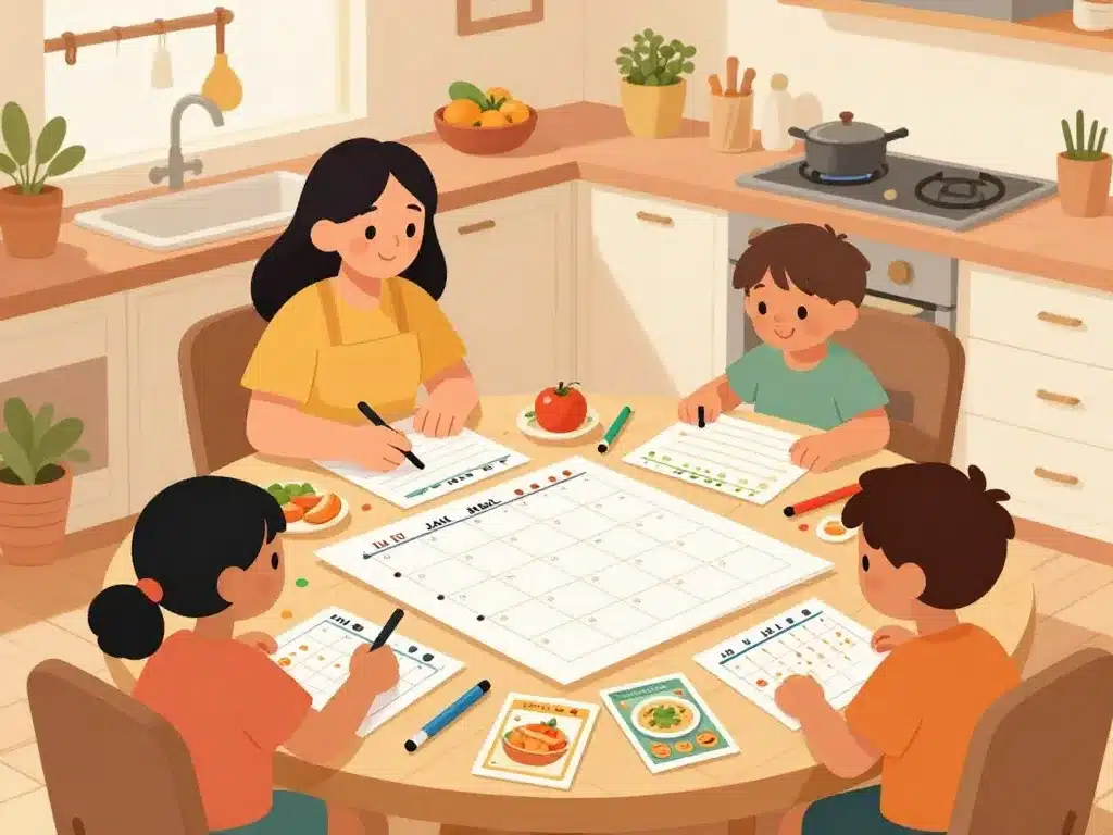famille crée planning repas mois à imprimer sur table de cuisine