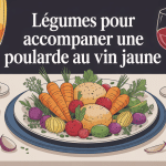 illustration quel légumes avec une poularde au vin jaune et légumes colorés