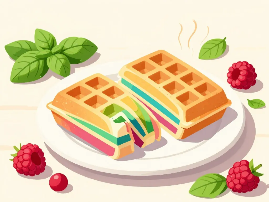 Gaufre arc en ciel framboise basilic tranchée avec couleurs et garniture