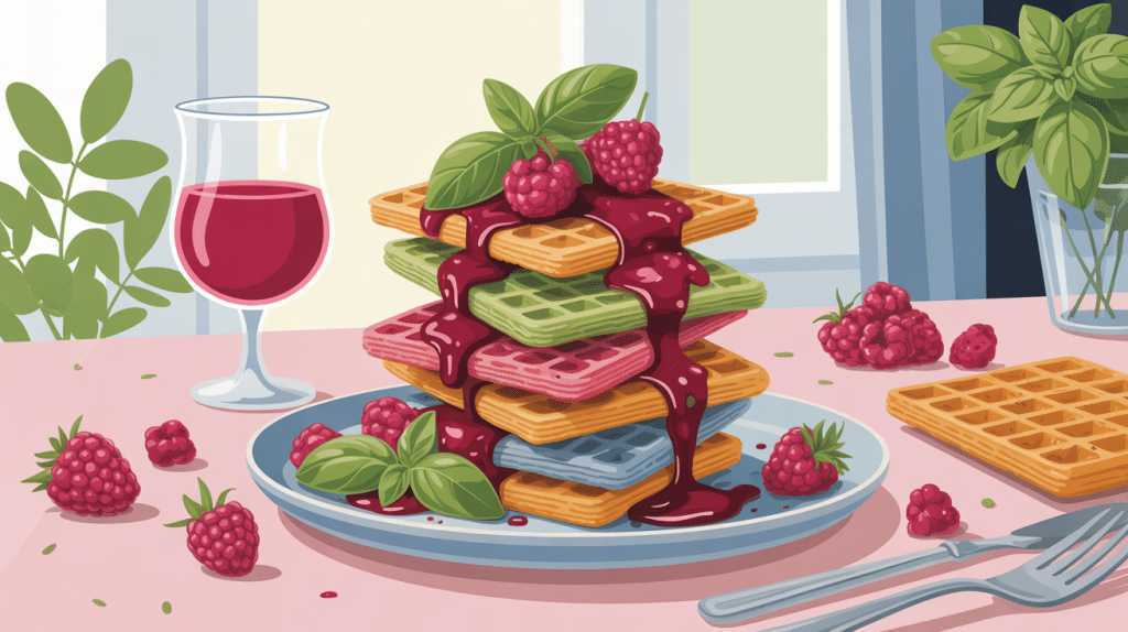 Pile de gaufres arc en ciel framboise basilic pour brunch convivial