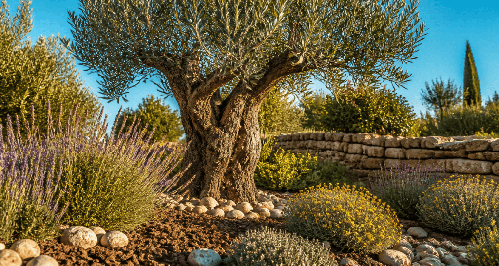 amenagement olivier jardin avec paillage galets