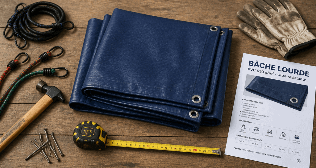 bache lourde 240g sur établi avec outils