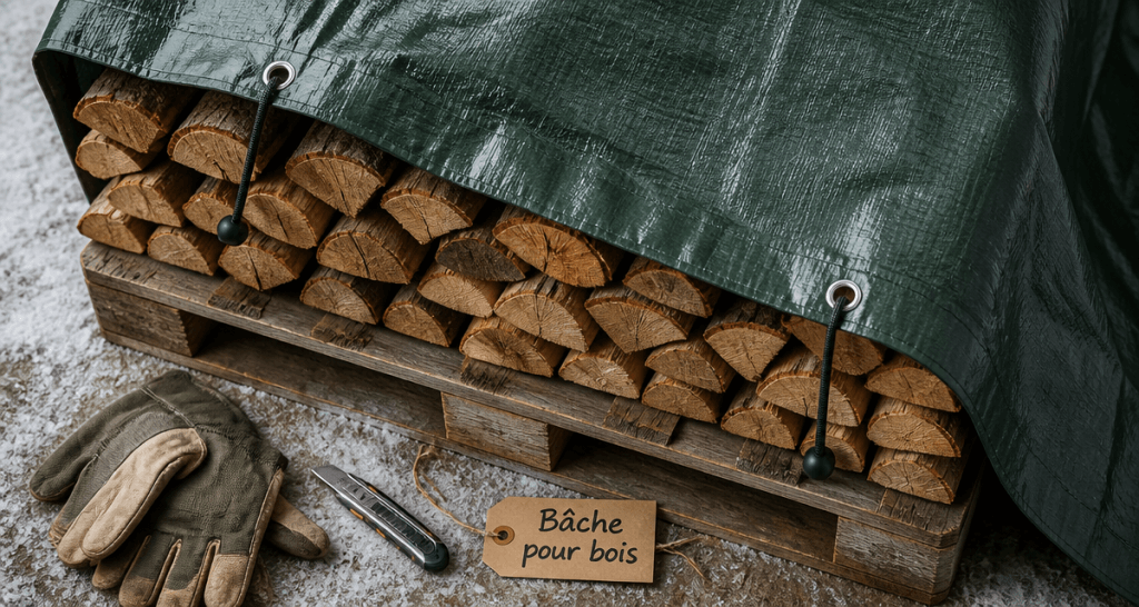 bache pour bois sur tas de buches