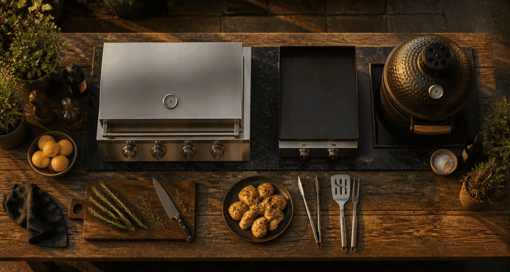 barbecue cuisine extérieure sur table bois granit inox