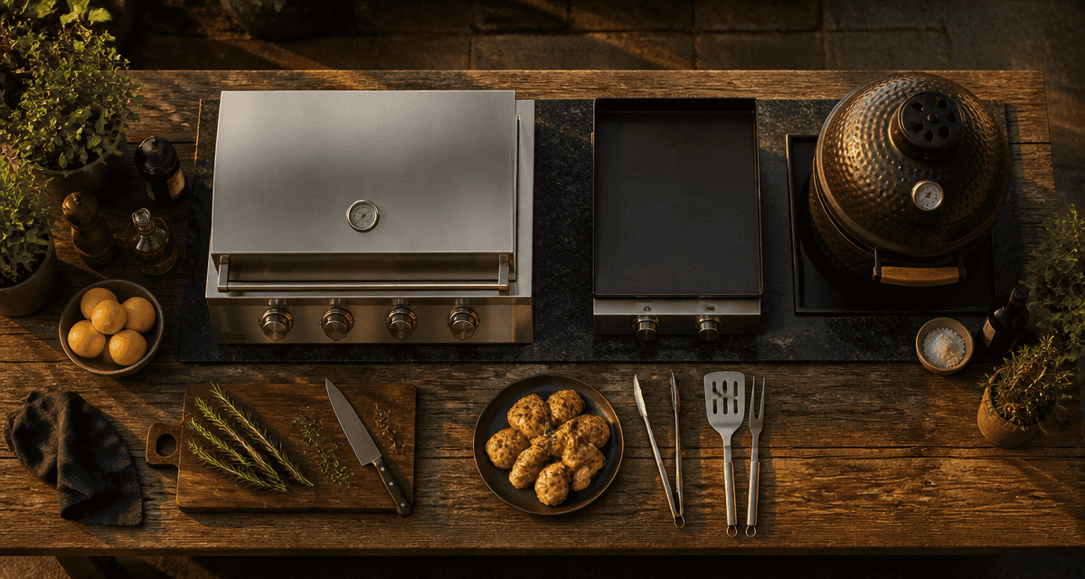 barbecue cuisine extérieure sur table bois granit inox