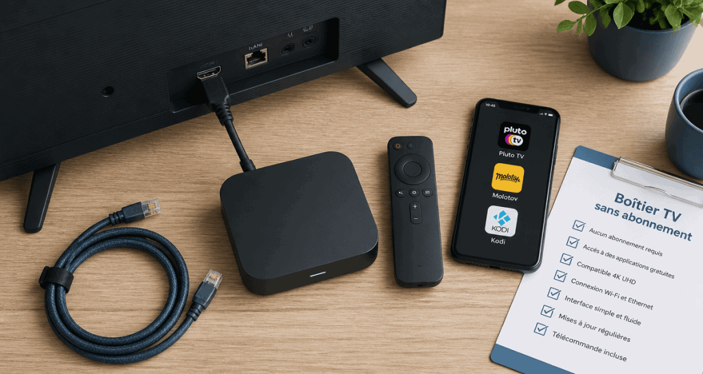 boîtier tv sans abonnement sur table avec applications