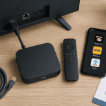 boîtier tv sans abonnement sur table avec applications