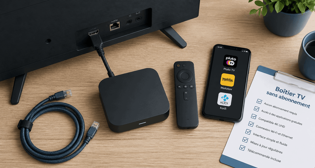 boîtier tv sans abonnement sur table avec applications