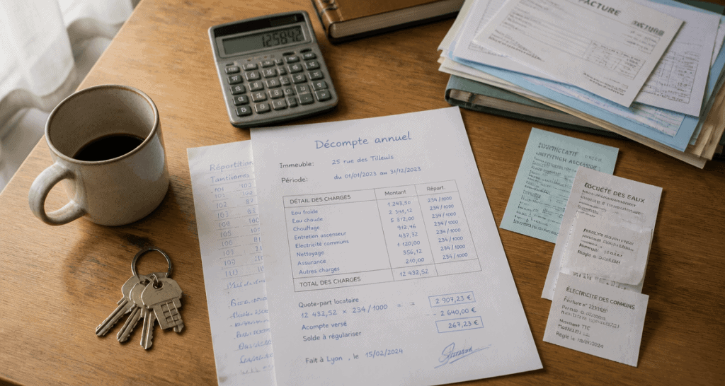Décomptes de charges locatives sur bureau avec calculatrice et documents