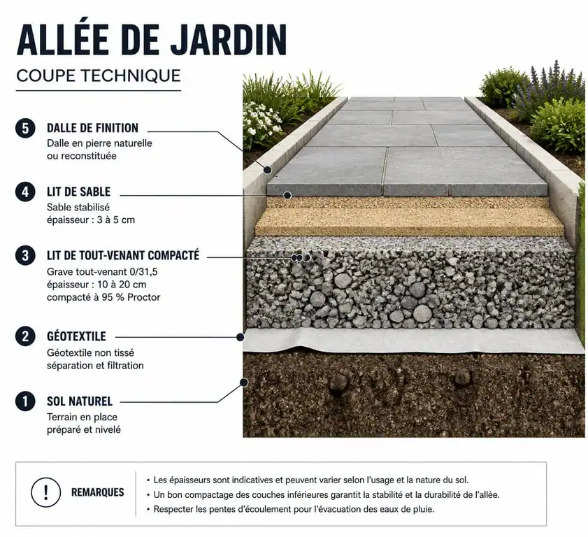 Schéma technique de pose de dalles pour allée de jardin