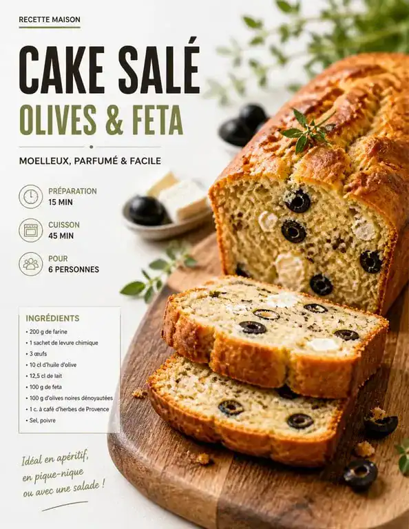 Cake salé aux olives, feta et herbes de Provence sur une planche en bois