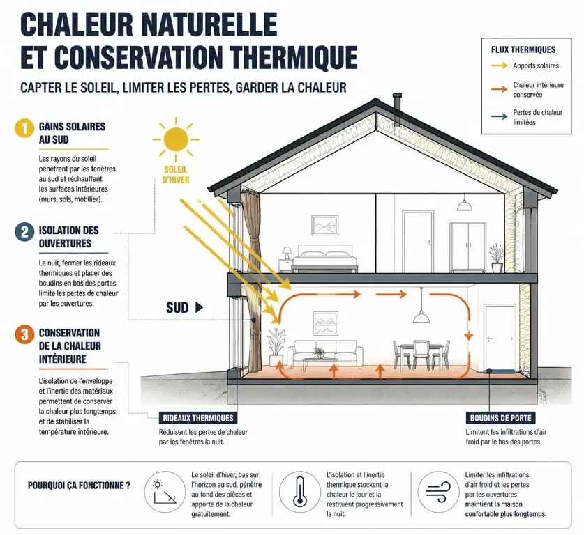 Infographie sur l'isolation passive et comment chauffer une maison sans chauffage