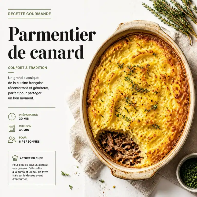 Parmentier de canard pour 10 personnes, plat généreux et croustillant