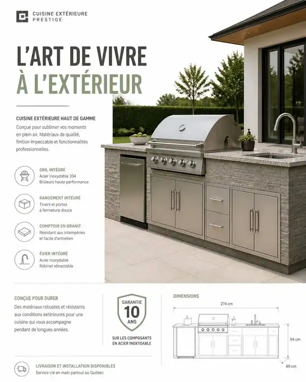 Cuisine extérieure équipée avec barbecue encastrable et plan de travail en granit