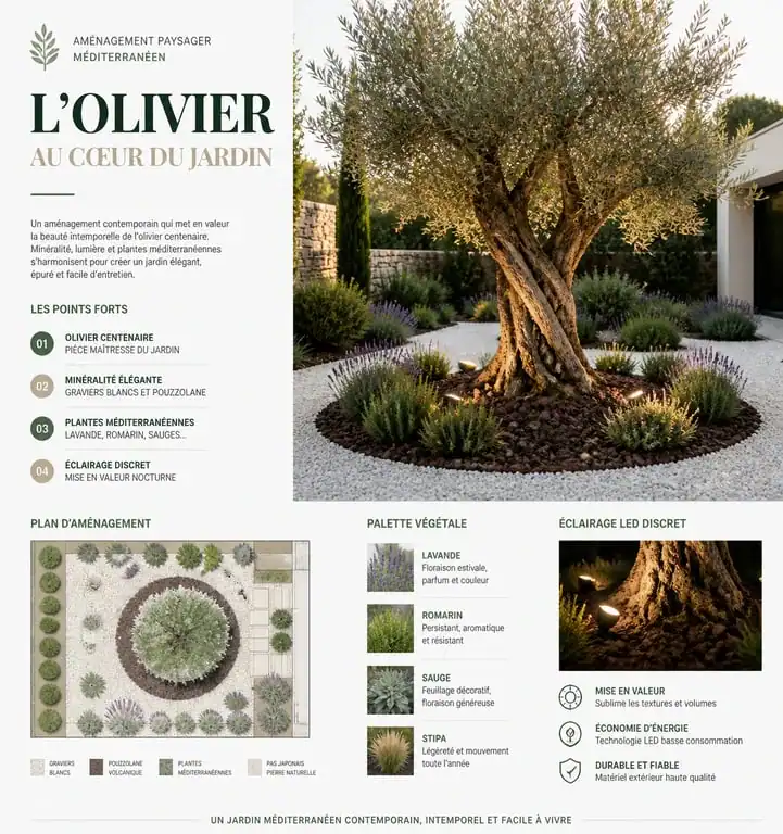 Aménagement paysager d'un olivier dans un jardin méditerranéen avec paillage minéral et plantes aromatiques