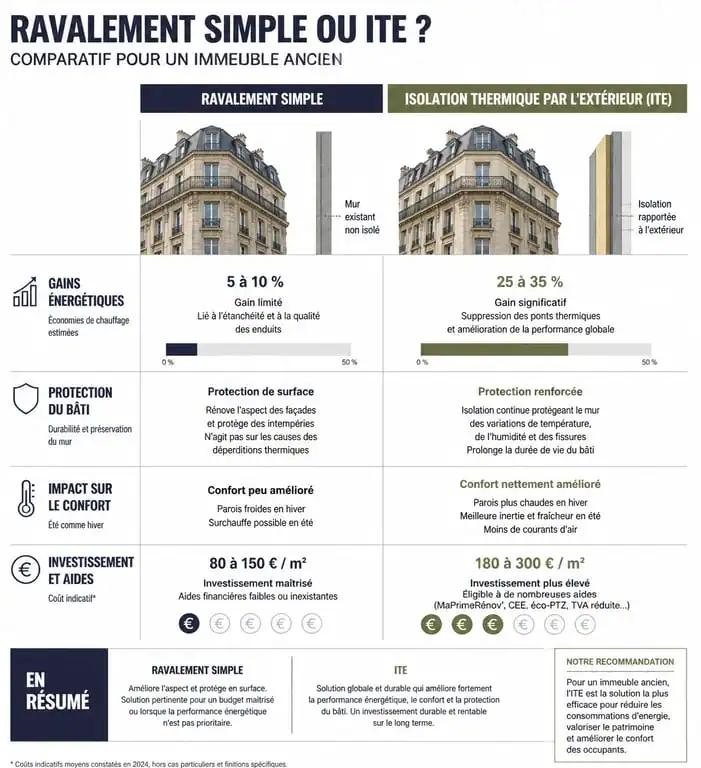 Comparatif ravalement simple vs isolation thermique par l'extérieur pour immeuble ancien