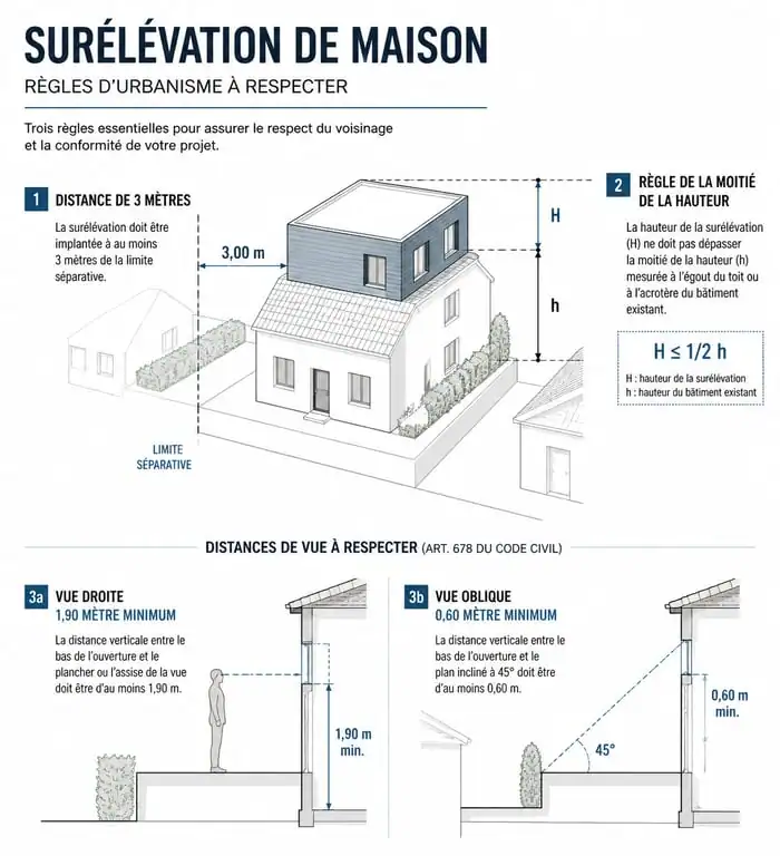 Schéma des règles d'urbanisme et de voisinage pour une surélévation de maison