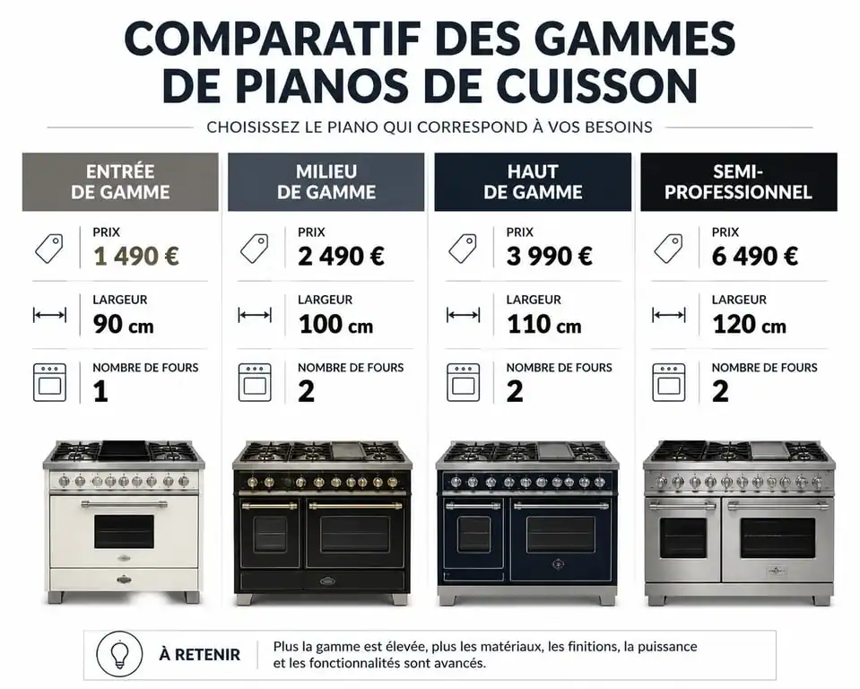 Infographie comparative des prix et caractéristiques des pianos de cuisson