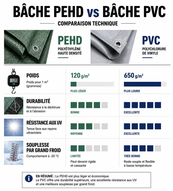 Comparatif technique des bâches pour bois : PEHD vs PVC pour choisir la meilleure bâche pour bois de chauffage.
