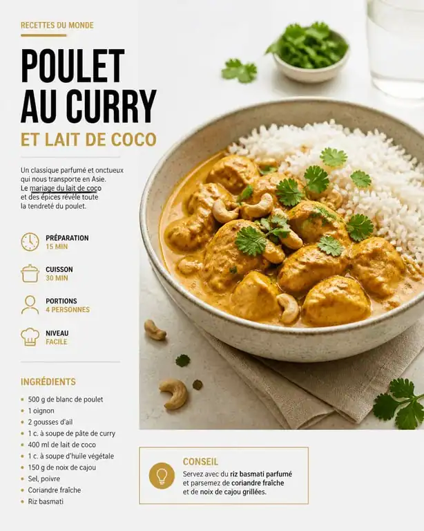 Plat de poulet au curry et lait de coco servi avec du riz basmati