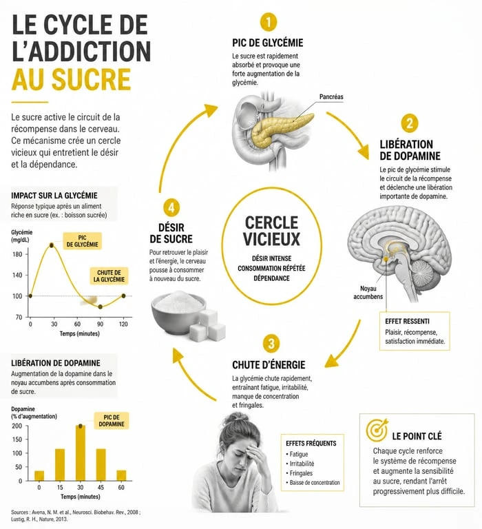 Infographie sur les effets du sucre sur la santé et le mécanisme de l'addiction au sucre