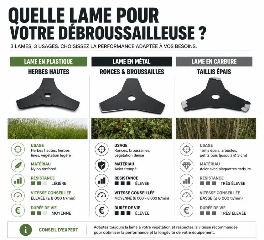 Comparatif des types de lames pour rotofil à lame : plastique, métal et carbure pour choisir l'outil adapté à votre jardin.