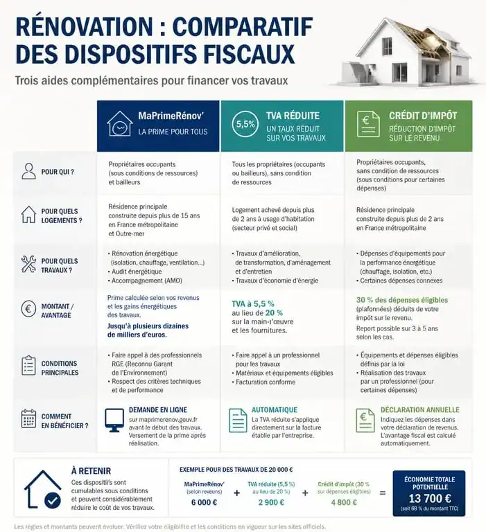 Infographie comparative des aides fiscales pour travaux maison impôts
