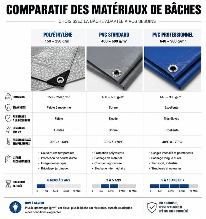 Infographie comparative des matériaux pour bache solide : PVC vs Polyéthylène