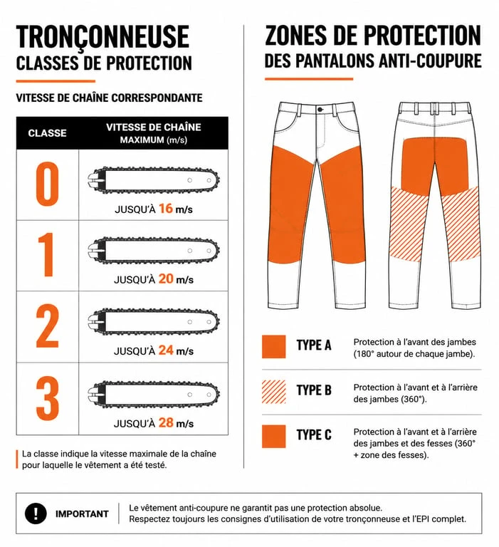 Infographie des classes de protection et types de pantalons EPI pour tronçonneuse