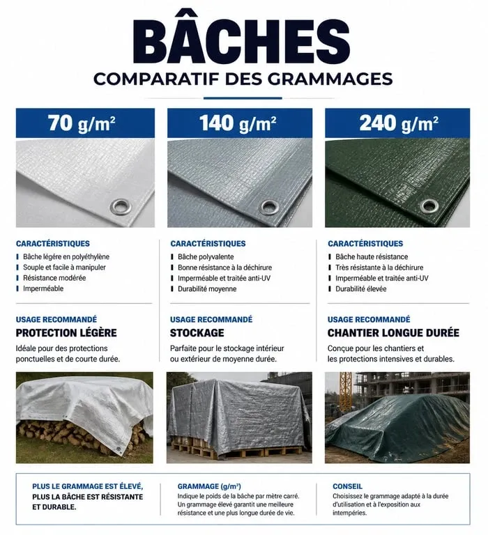 Infographie comparative des grammages et usages pour choisir une grande bâche de protection