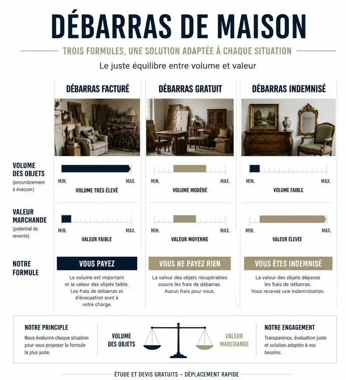 Infographie des trois formules de débarras maison : facturé, gratuit ou indemnisé selon la valeur des objets.