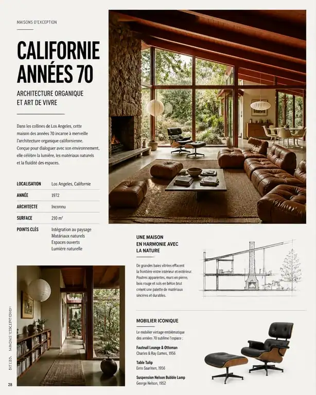 Salon d'une maison californienne des années 70 avec baies vitrées et mobilier vintage