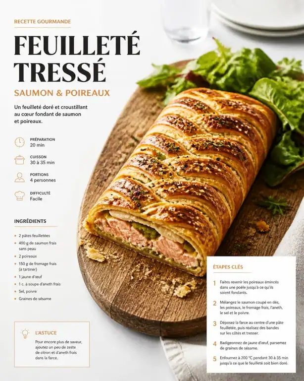Feuilleté tressé au saumon et fondue de poireaux, recette avec de la pâte feuilletée