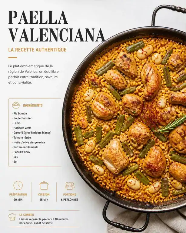 Paella valenciana authentique servie dans une poêle traditionnelle