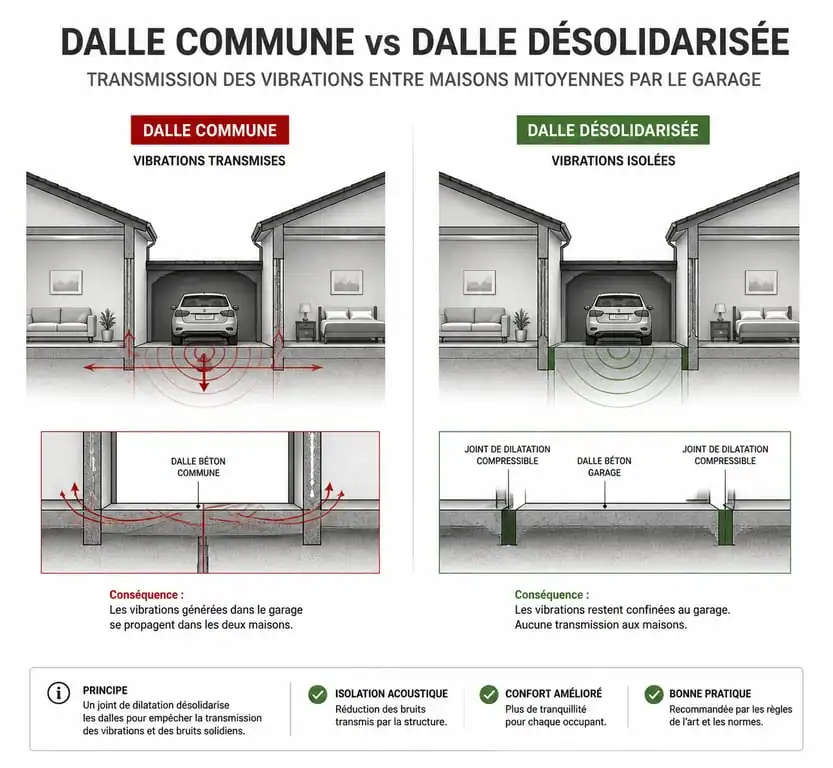 Schéma technique comparatif d'isolation phonique pour maison mitoyenne par le garage
