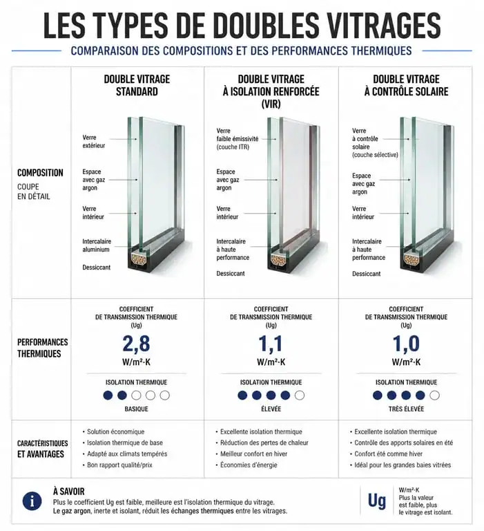Comparatif des types de double vitrage pour fenêtre : standard, argon, phonique et sécurité