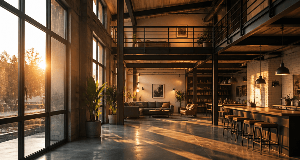 hangar aménagé en maison avec grandes baies vitrées et mezzanine