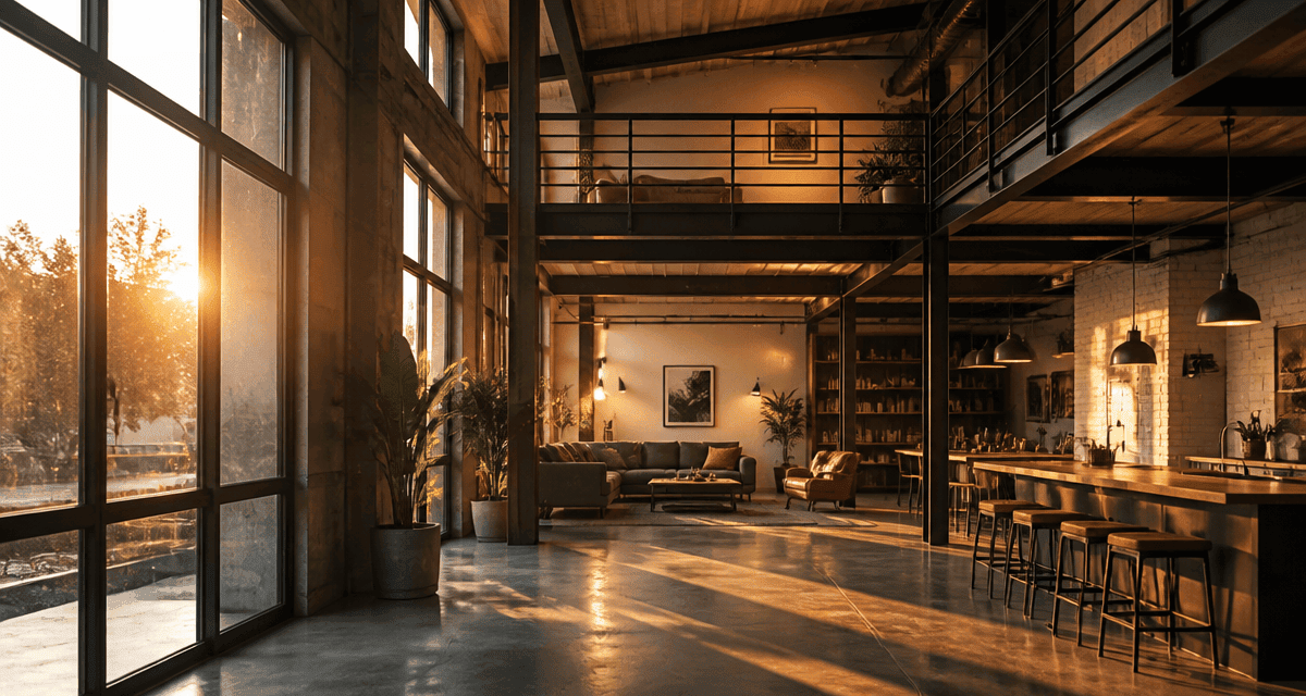 hangar aménagé en maison avec grandes baies vitrées et mezzanine