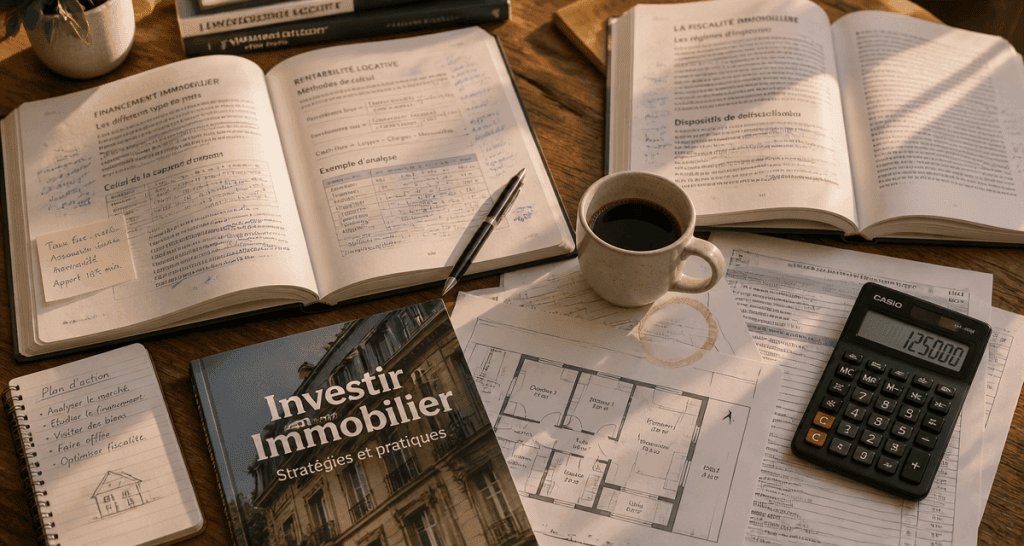 immobilier livre sur bureau avec documents fiscaux et plan