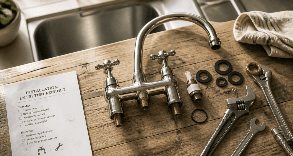 melangeur robinet cuisine laiton chromé sur plan de travail