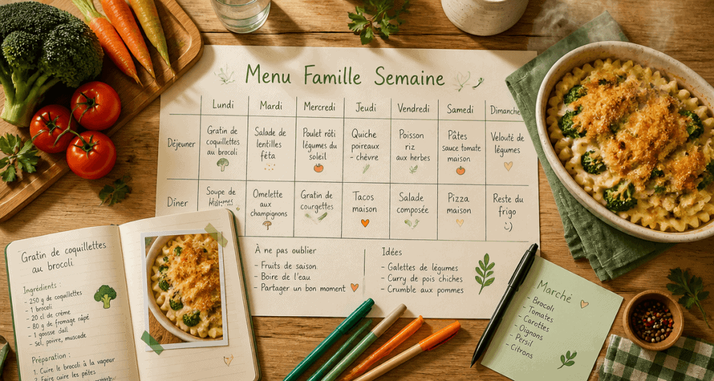 Menu famille semaine, table avec planning et gratin