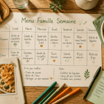 Menu famille semaine, table avec planning et gratin