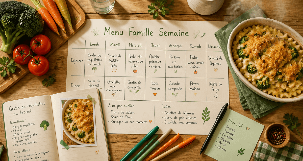 Menu famille semaine, table avec planning et gratin